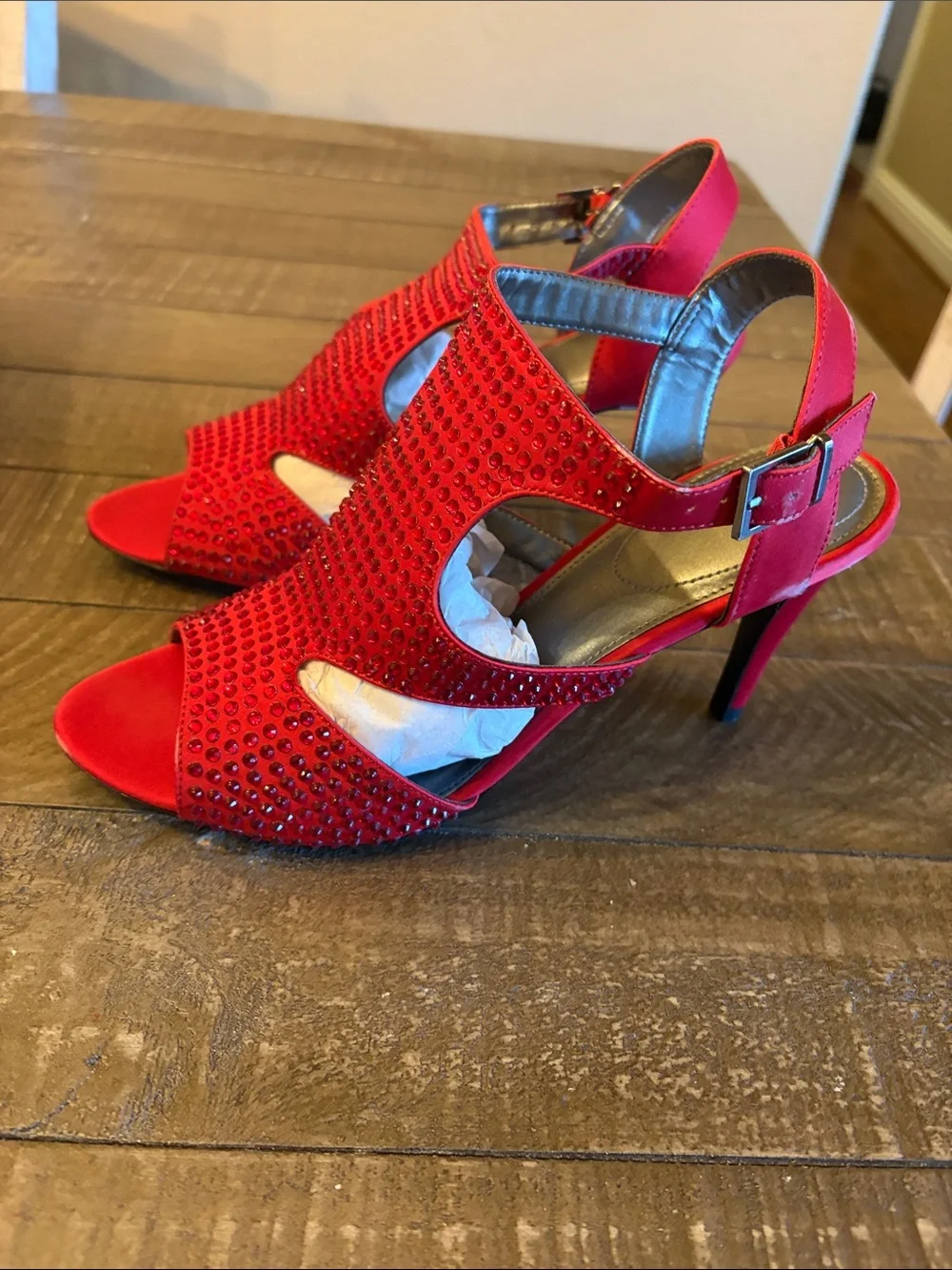 Red Crystal Cutout Open-Toe Heels with Ankle Strap